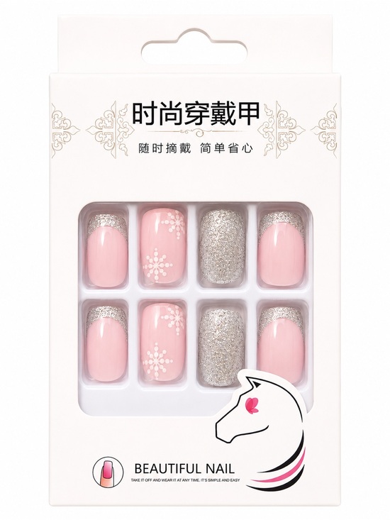 Other - Pink Silver Glitter Press-On Nails 24pc Snowflake Winter Glam